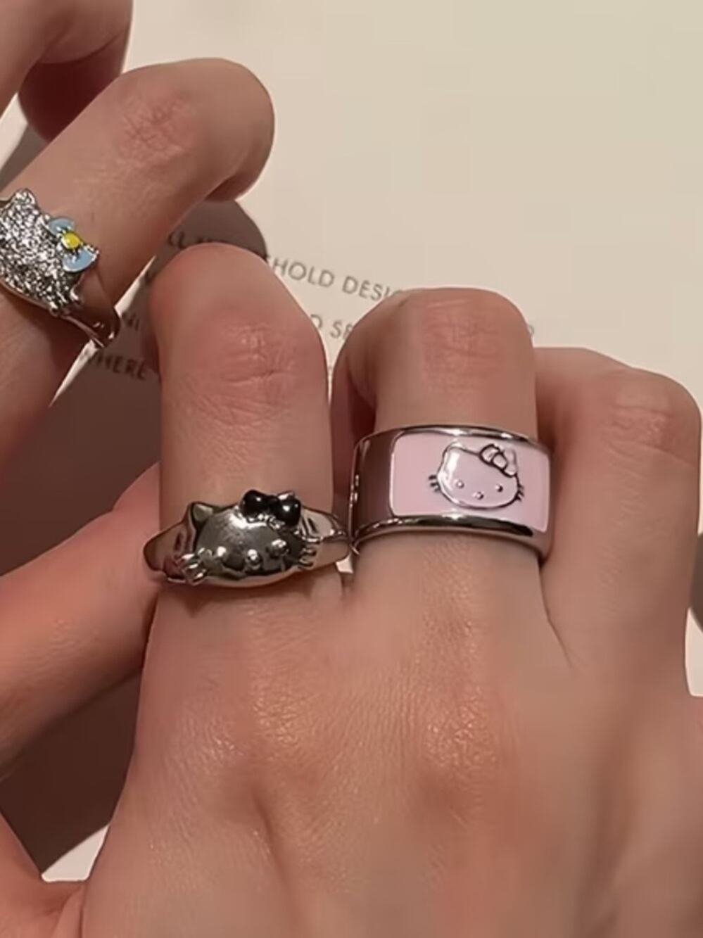 Hello Kitty Stainless Steel Ring Set Waterproof Adjustable